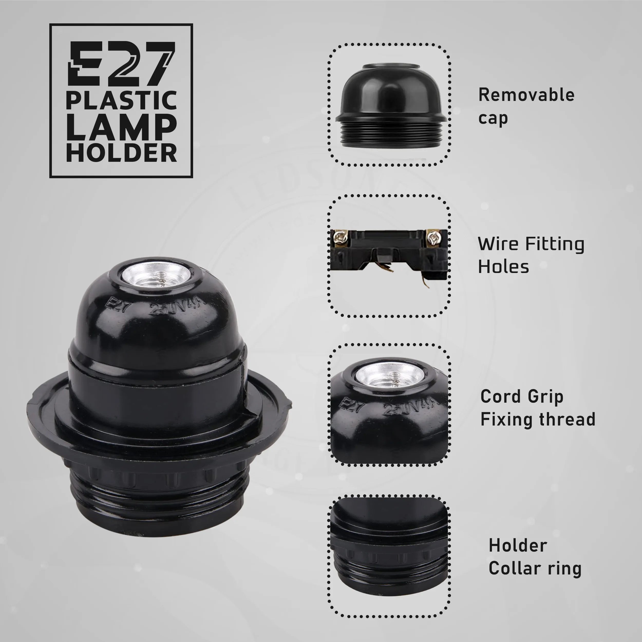 3Pack E27 Light Bulb Pendant Socket Holder,Screw Black Plastic Lamp holder~4392